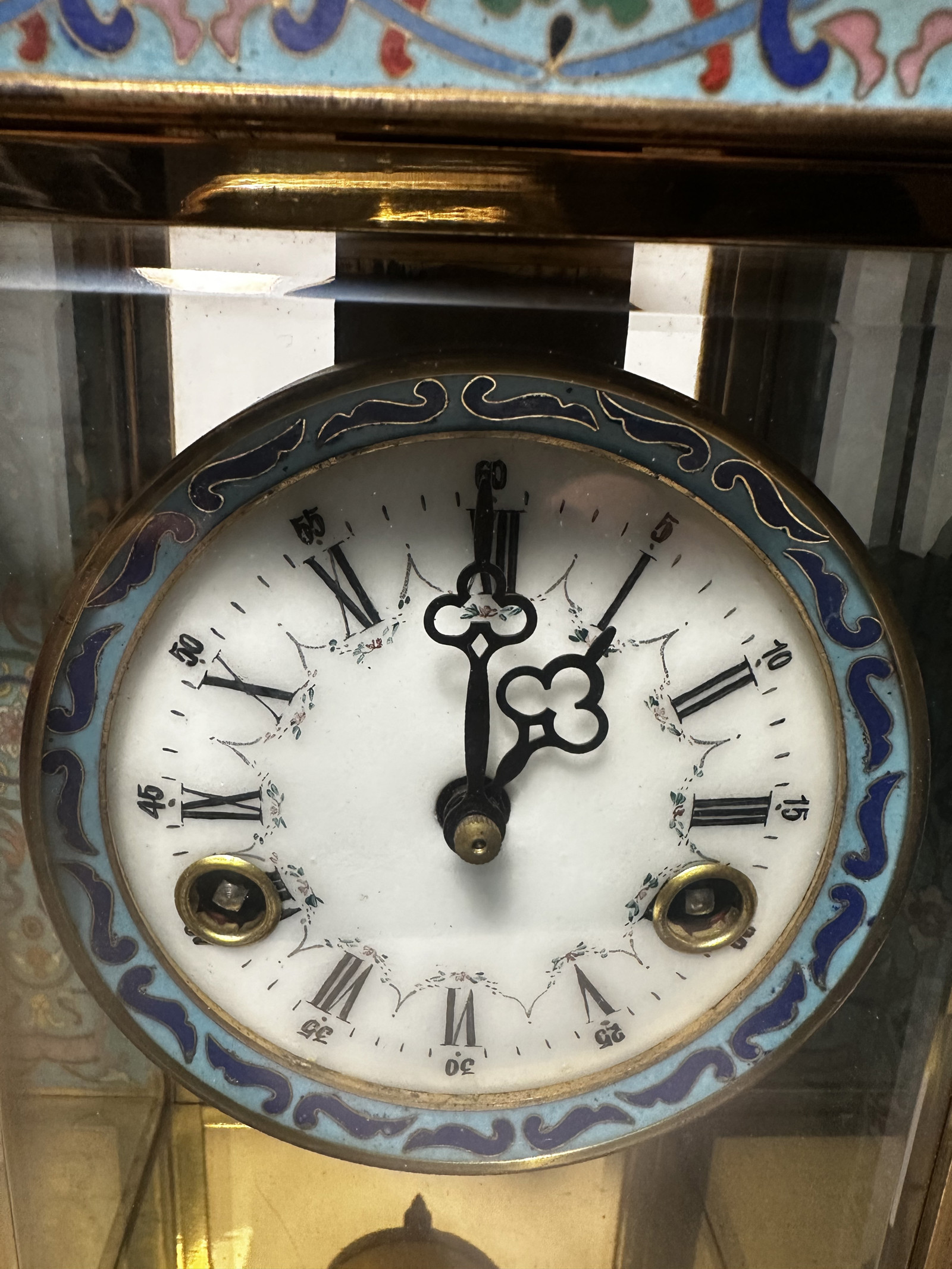 French Champlevé Enamel Four-Glass Mantel Clock