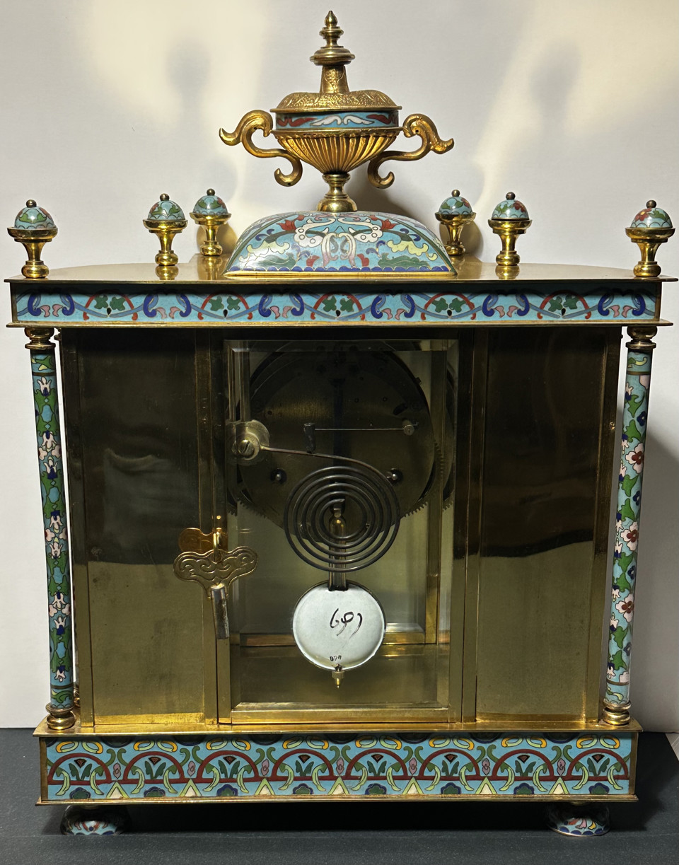 French Champlevé Enamel Four-Glass Mantel Clock