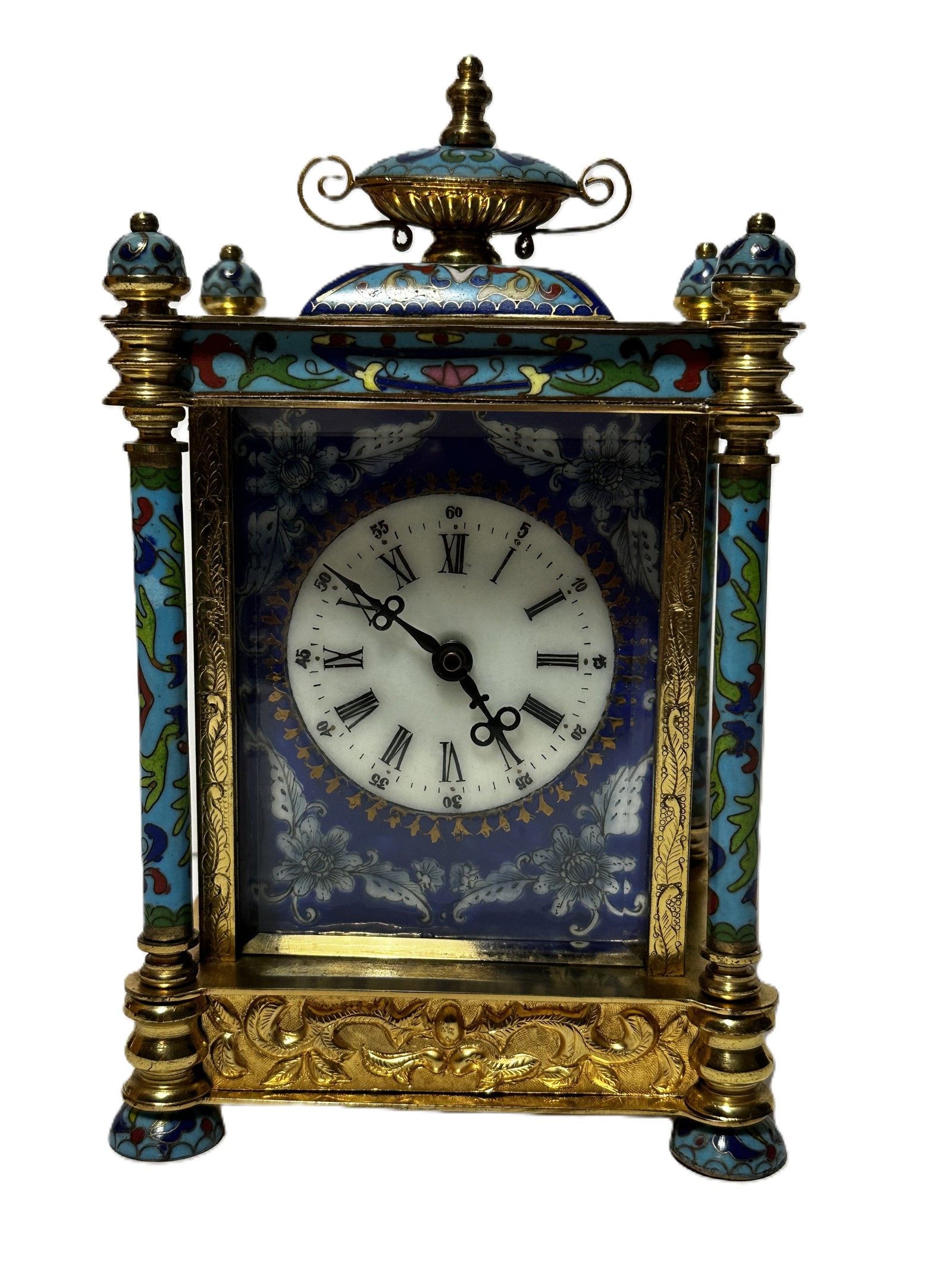 French Cloisonné Enamel Portico Mantel Clock