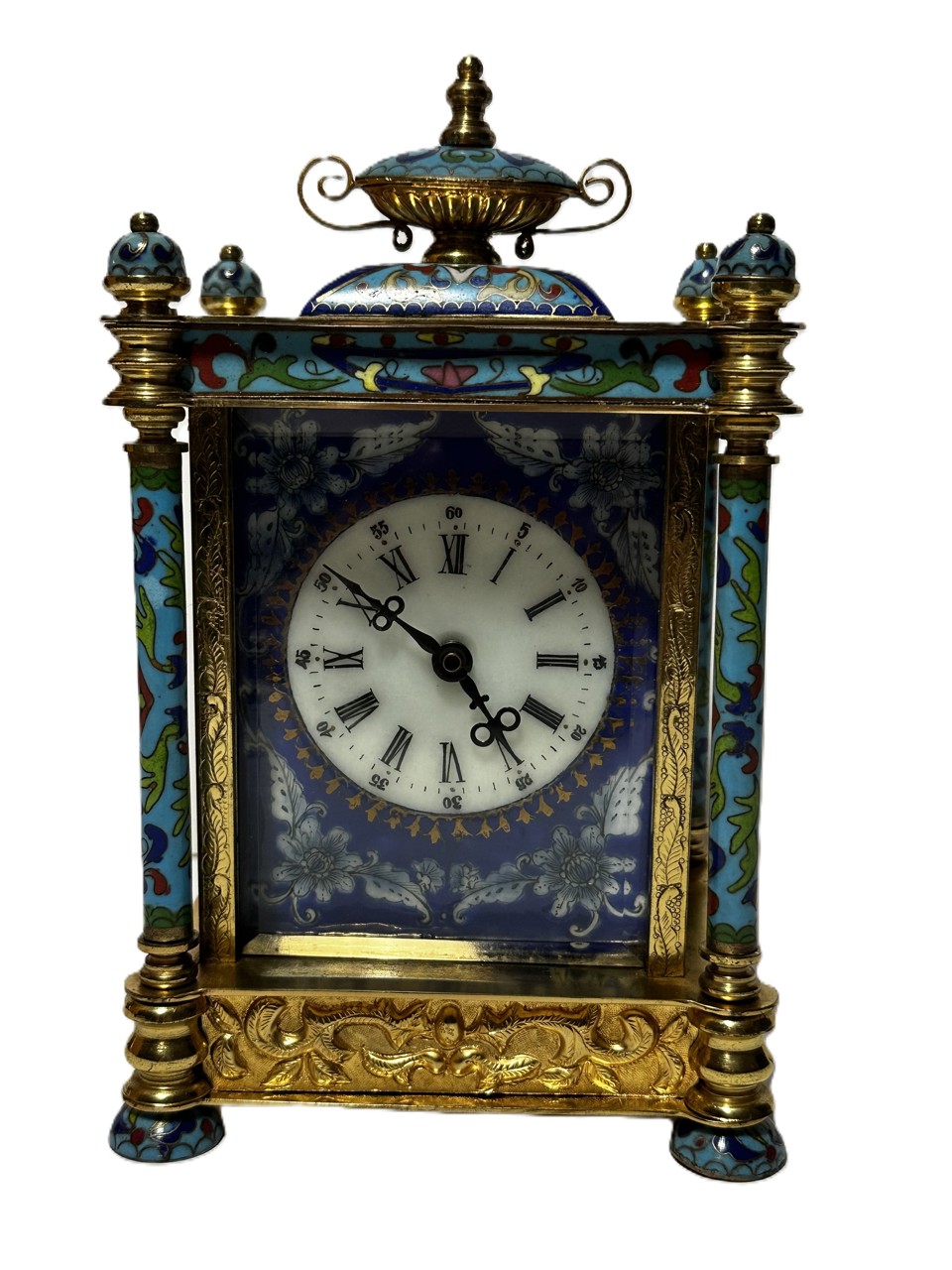 French Cloisonné Enamel Portico Mantel Clock
