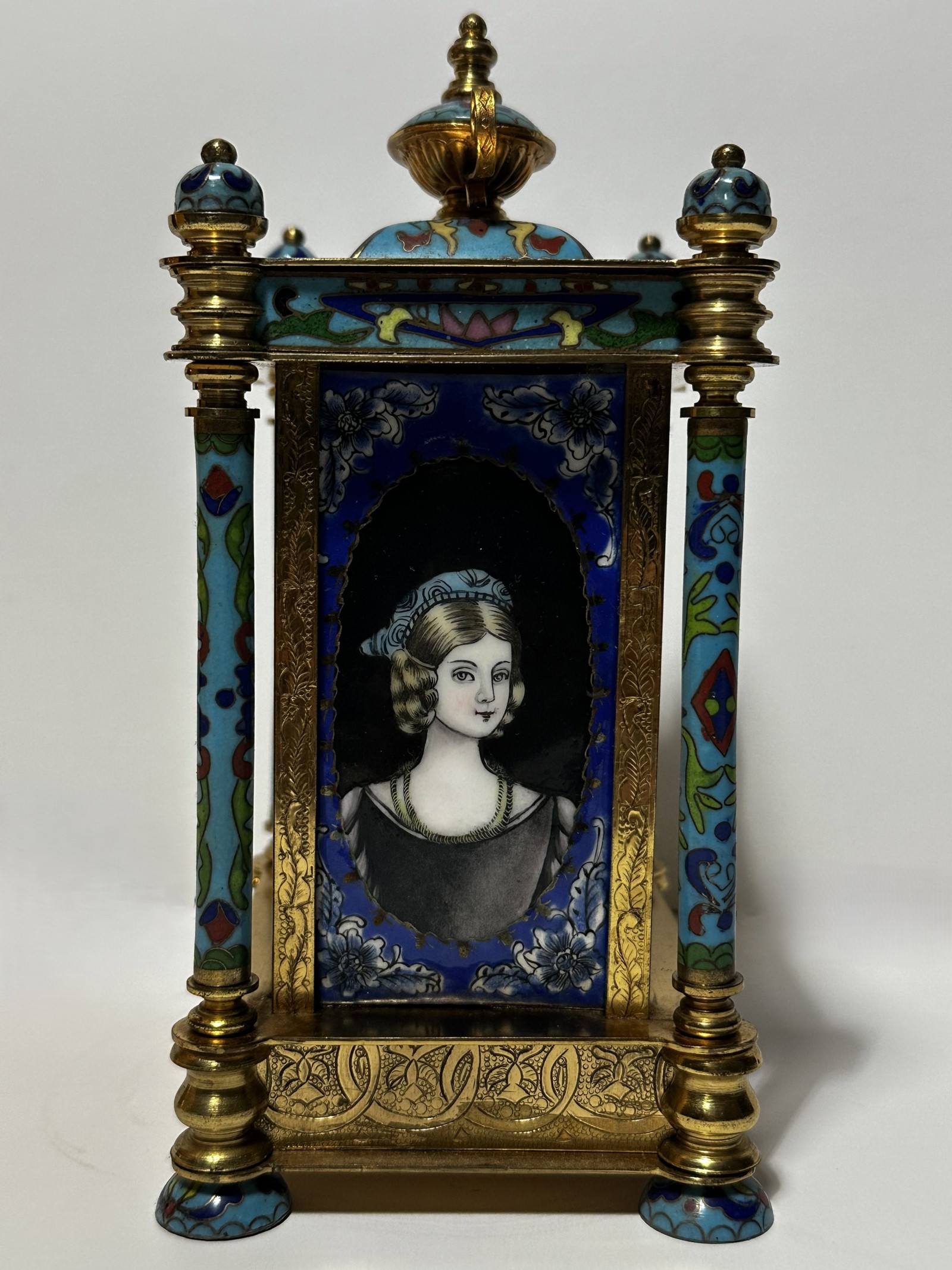 French Cloisonné Enamel Portico Mantel Clock