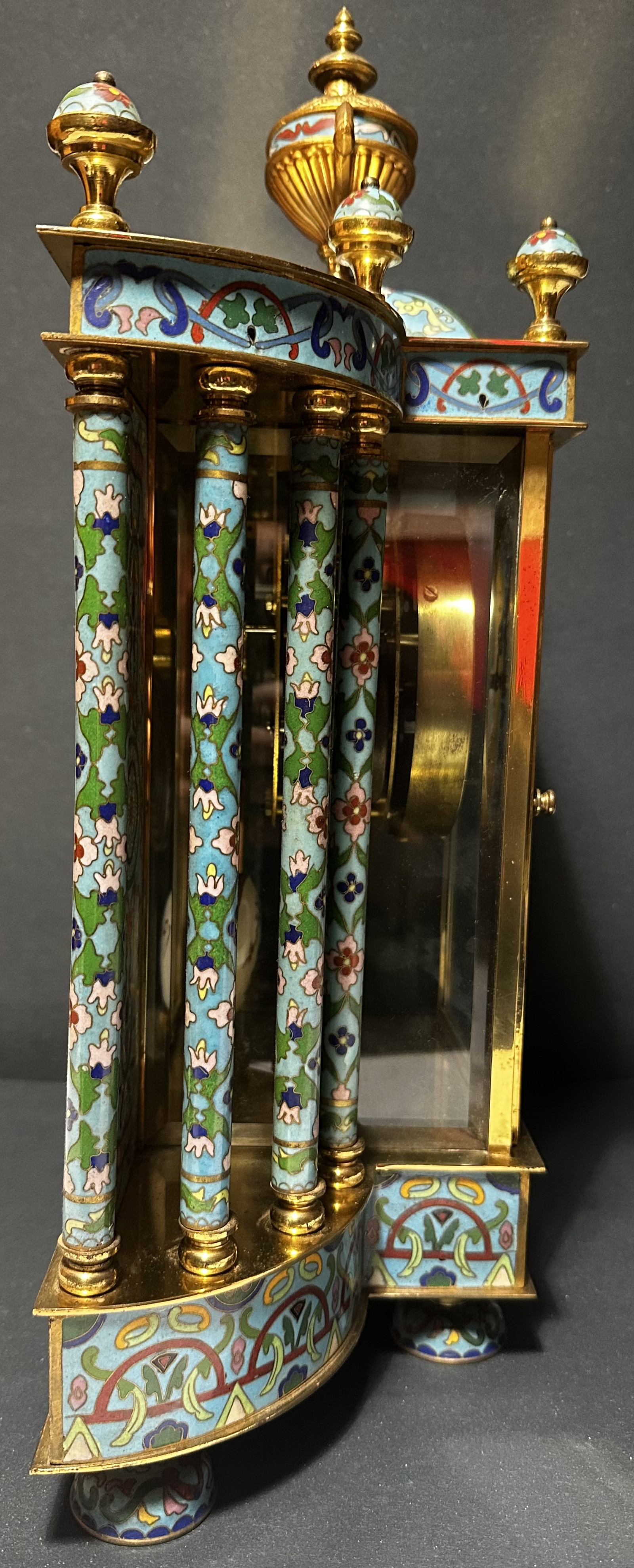 French Champlevé Enamel Four-Glass Mantel Clock