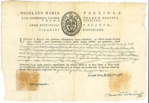 Catholic Testimonial Letter – Diocese of Nola, Italy, under Pope Pius VI (1775–1799)