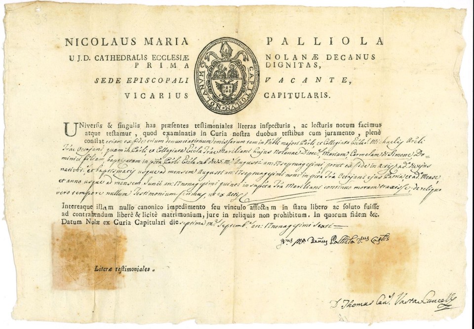 Catholic Testimonial Letter – Diocese of Nola, Italy, under Pope Pius VI (1775–1799)