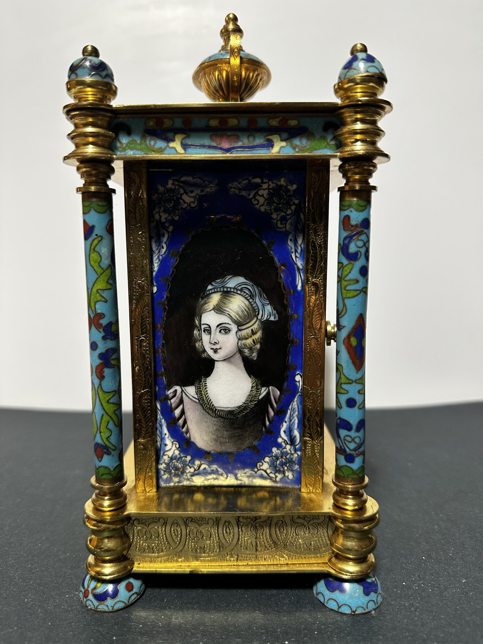 French Cloisonné Enamel Portico Mantel Clock
