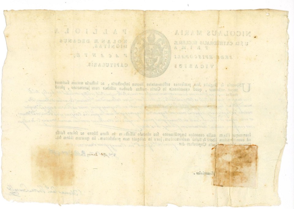 Catholic Testimonial Letter – Diocese of Nola, Italy, under Pope Pius VI (1775–1799)