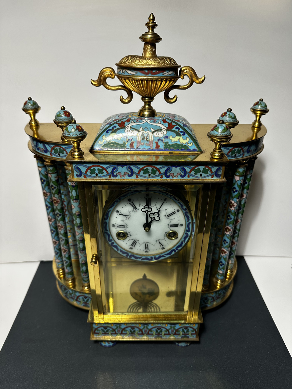 French Champlevé Enamel Four-Glass Mantel Clock